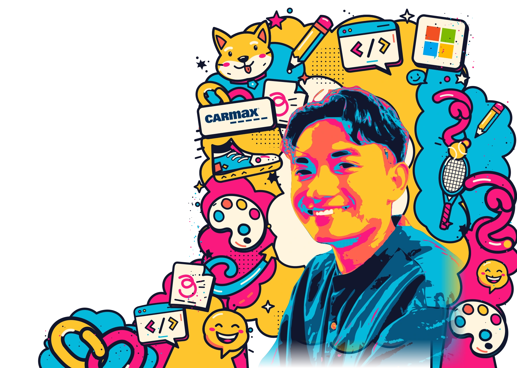 Pop-art portrait of Garry Ancheta with tennis, coding, running, drawing, a dog, and CarMax and Microsoft logos